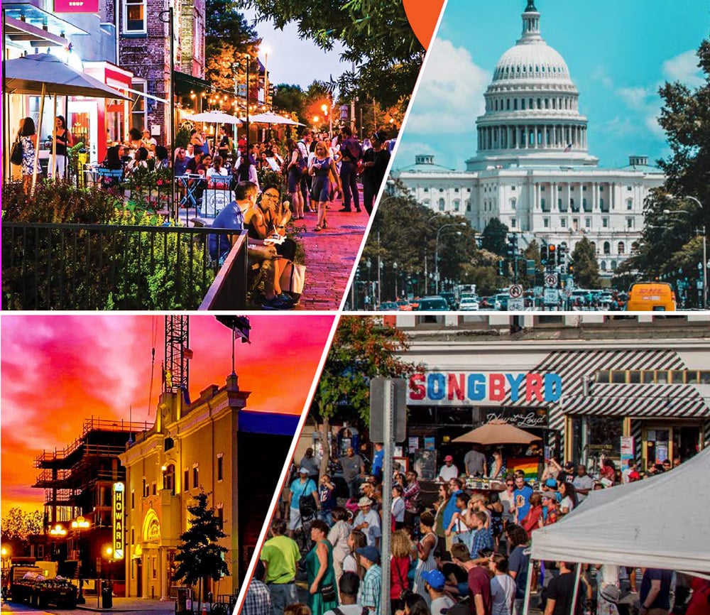 Collage of Washington, D.C., featuring outdoor dining, the U.S. Capitol, Howard Theatre at sunset, and a street festival.